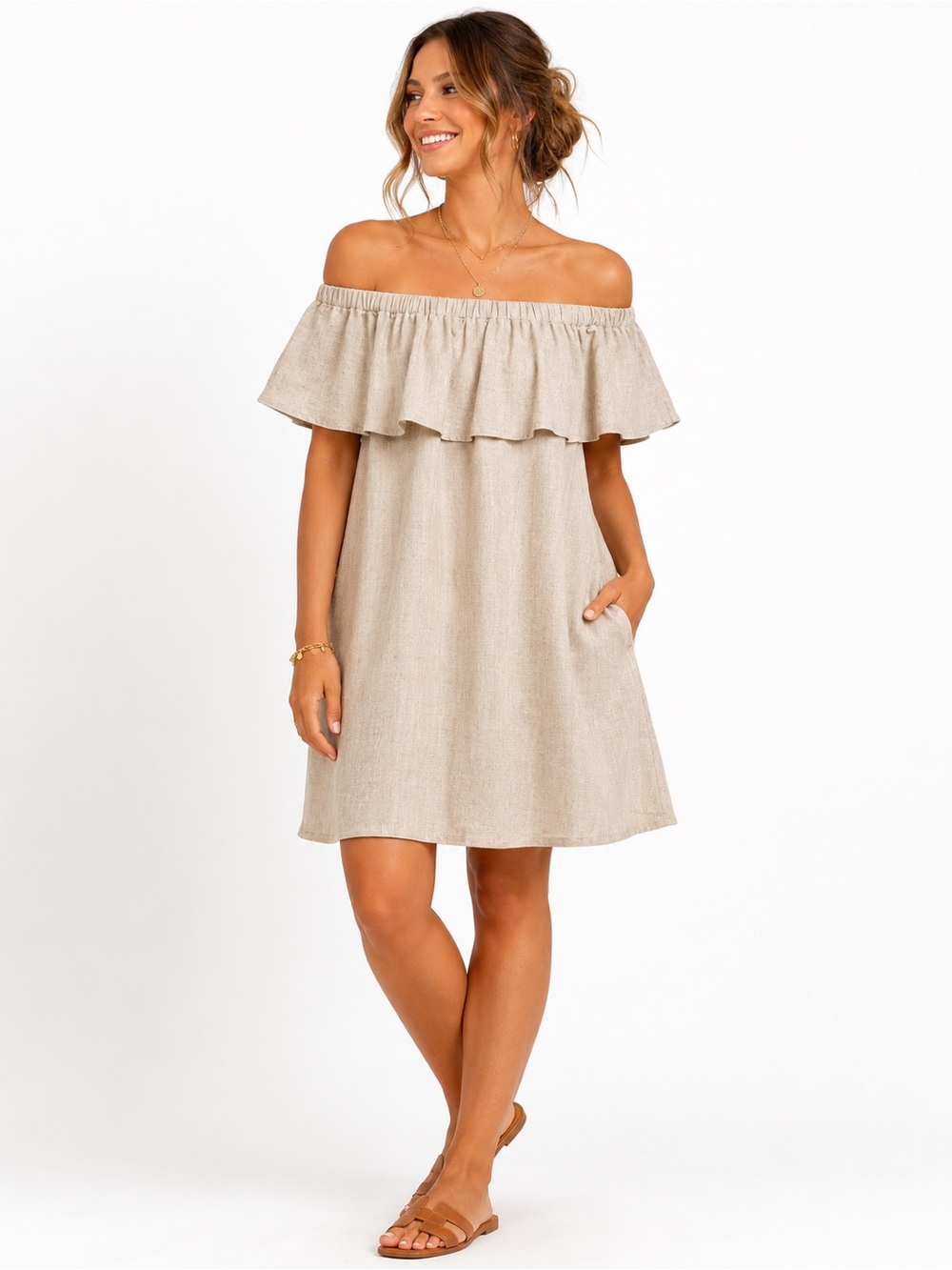 Eesome 100% Linen Off Shoulder Ruffle Dress Small Beige Pockets